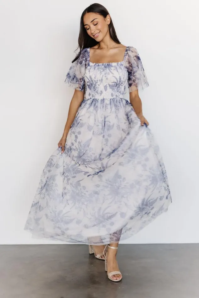 Women Cassandra Tulle Maxi Dress Blue White Floral Baltic Born Tulle Styles