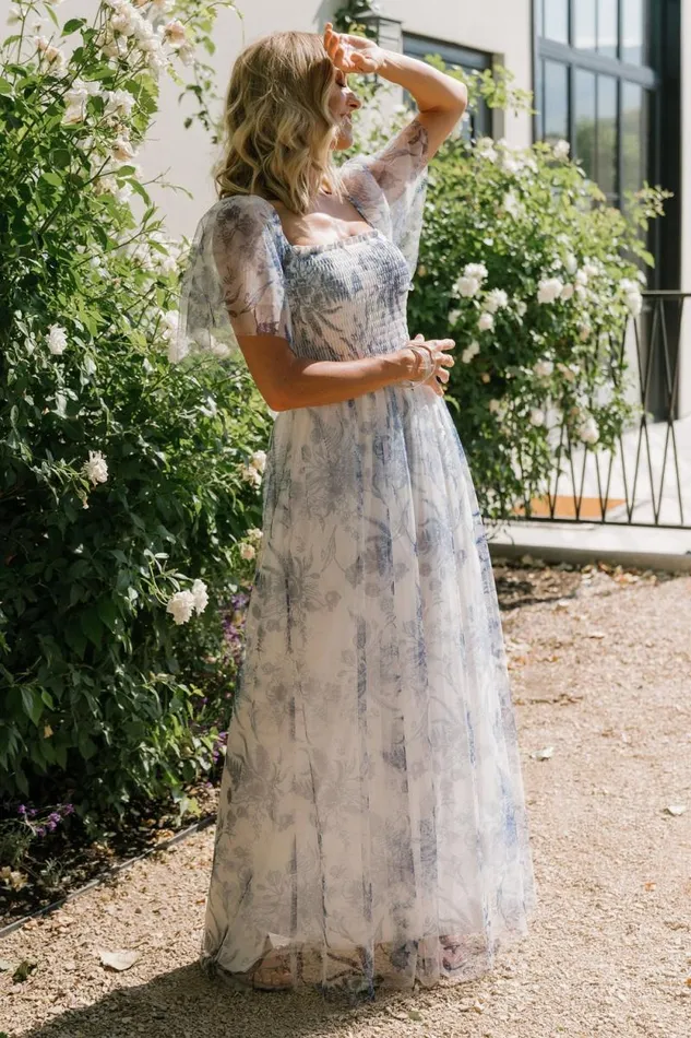 Women Cassandra Tulle Maxi Dress Blue White Floral Baltic Born Tulle Styles