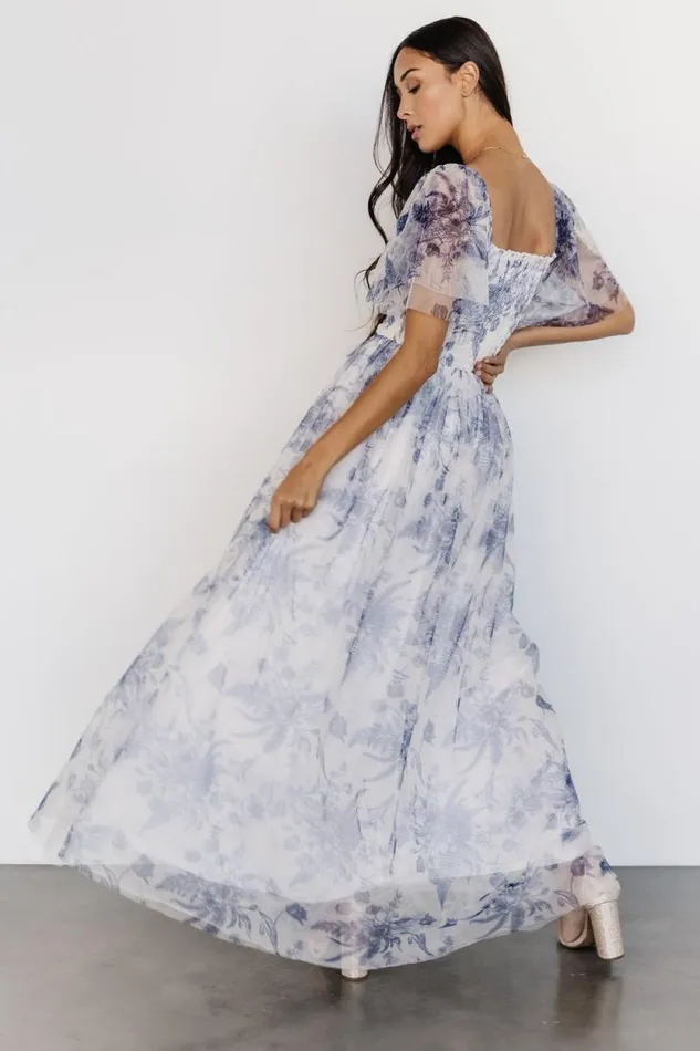 Women Cassandra Tulle Maxi Dress Blue White Floral Baltic Born Tulle Styles