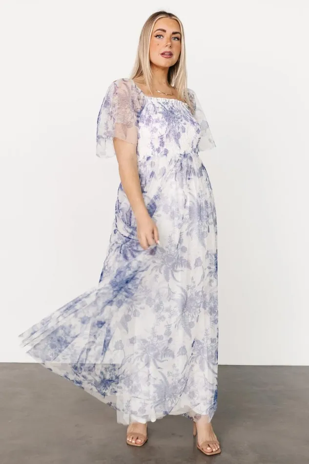 Women Cassandra Tulle Maxi Dress Blue White Floral Baltic Born Tulle Styles