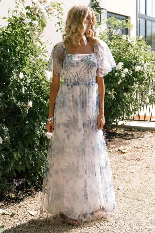 Women Cassandra Tulle Maxi Dress Blue White Floral Baltic Born Tulle Styles