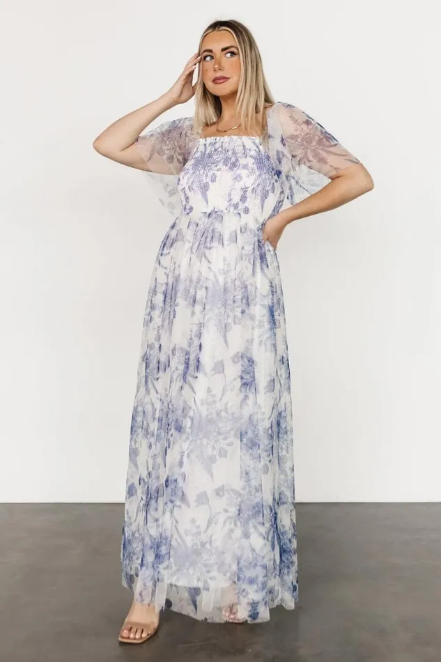 Women Cassandra Tulle Maxi Dress Blue White Floral Baltic Born Tulle Styles