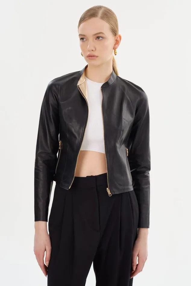 Women CHAPIN Reversible Leather Bomber Blackgold LAMARQUE Leather Jackets