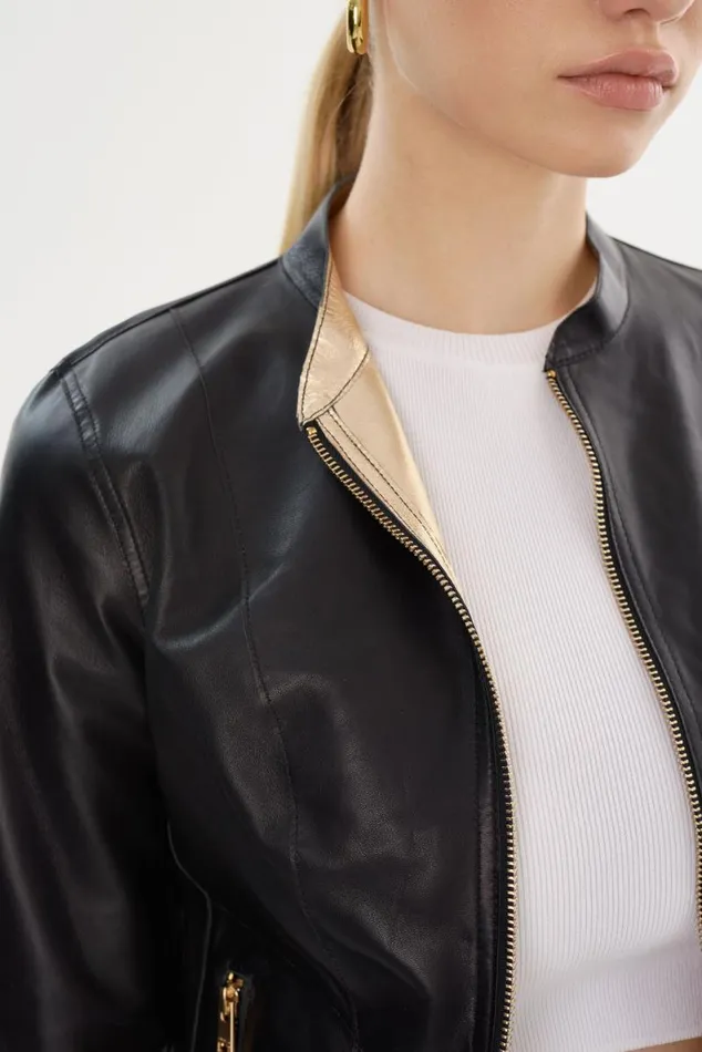 Women CHAPIN Reversible Leather Bomber Blackgold LAMARQUE Leather Jackets