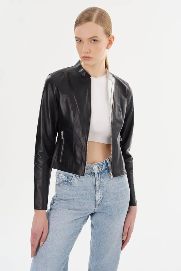 Women CHAPIN Reversible Leather Bomber Blacksilver LAMARQUE Leather Jackets Women CHAPIN Reversible Leather Bomber Blacksilver LAMARQUE Leather Jackets