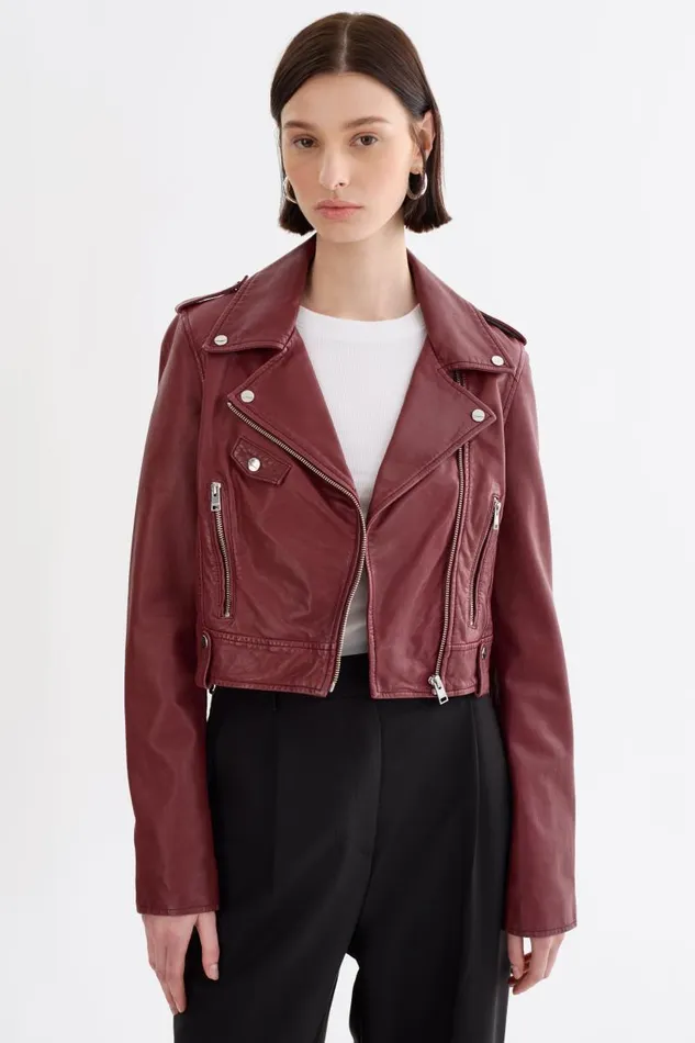 Women CIARA Cropped Leather Biker Jacket Burgundy LAMARQUE Leather Jackets