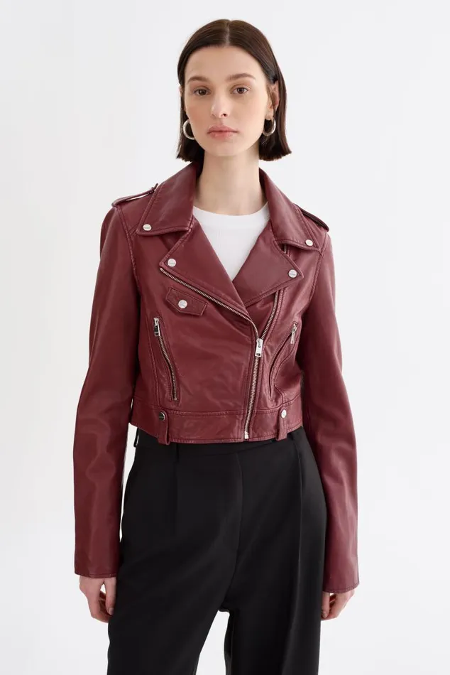 Women CIARA Cropped Leather Biker Jacket Burgundy LAMARQUE Leather Jackets Women CIARA Cropped Leather Biker Jacket Burgundy LAMARQUE Leather Jackets