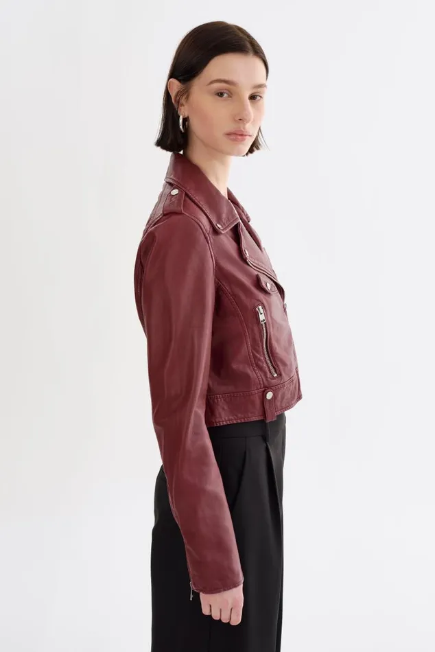 Women CIARA Cropped Leather Biker Jacket Burgundy LAMARQUE Leather Jackets Women CIARA Cropped Leather Biker Jacket Burgundy LAMARQUE Leather Jackets