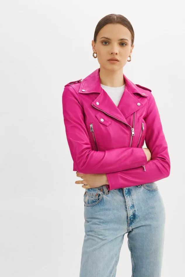 Women CIARA Cropped Leather Biker Jacket Fuchsia LAMARQUE Leather Jackets