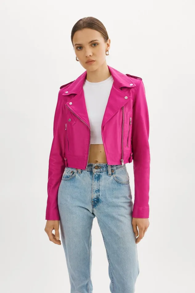 Women CIARA Cropped Leather Biker Jacket Fuchsia LAMARQUE Leather Jackets Women CIARA Cropped Leather Biker Jacket Fuchsia LAMARQUE Leather Jackets