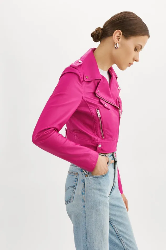 Women CIARA Cropped Leather Biker Jacket Fuchsia LAMARQUE Leather Jackets Women CIARA Cropped Leather Biker Jacket Fuchsia LAMARQUE Leather Jackets