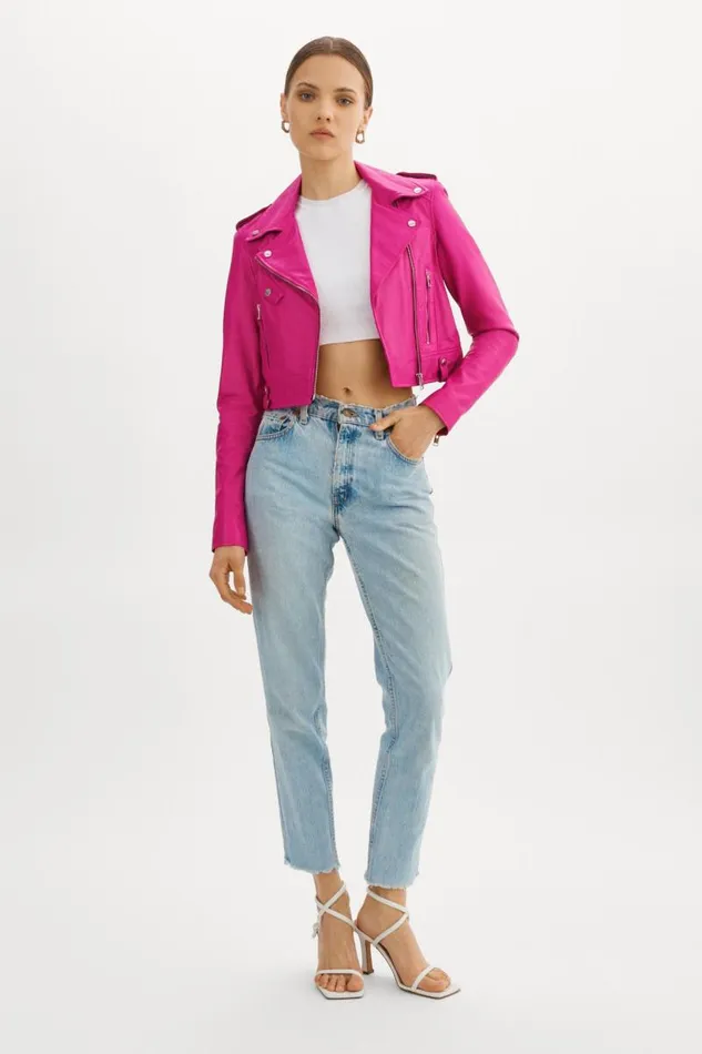 Women CIARA Cropped Leather Biker Jacket Fuchsia LAMARQUE Leather Jackets Women CIARA Cropped Leather Biker Jacket Fuchsia LAMARQUE Leather Jackets