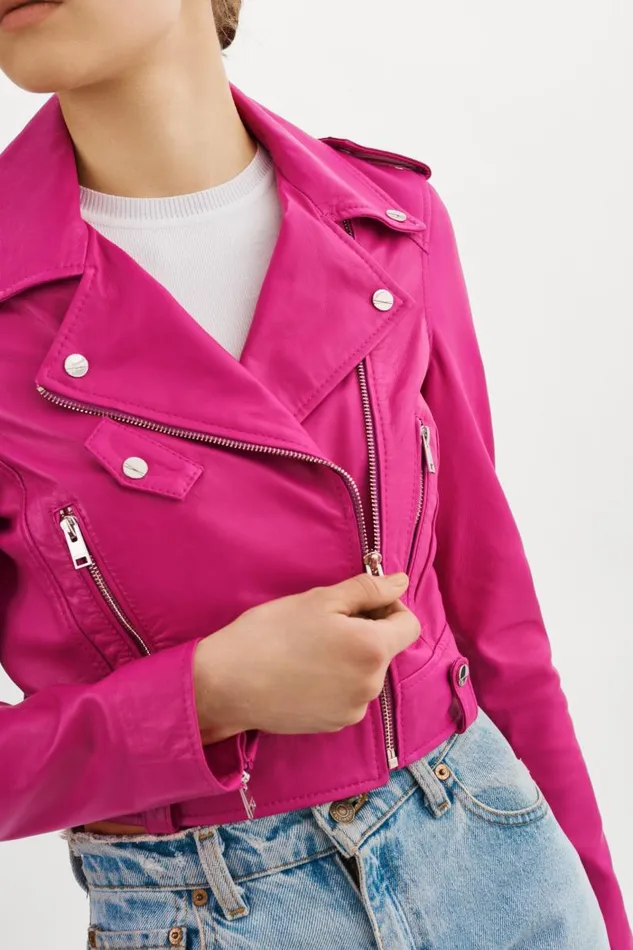 Women CIARA Cropped Leather Biker Jacket Fuchsia LAMARQUE Leather Jackets Women CIARA Cropped Leather Biker Jacket Fuchsia LAMARQUE Leather Jackets