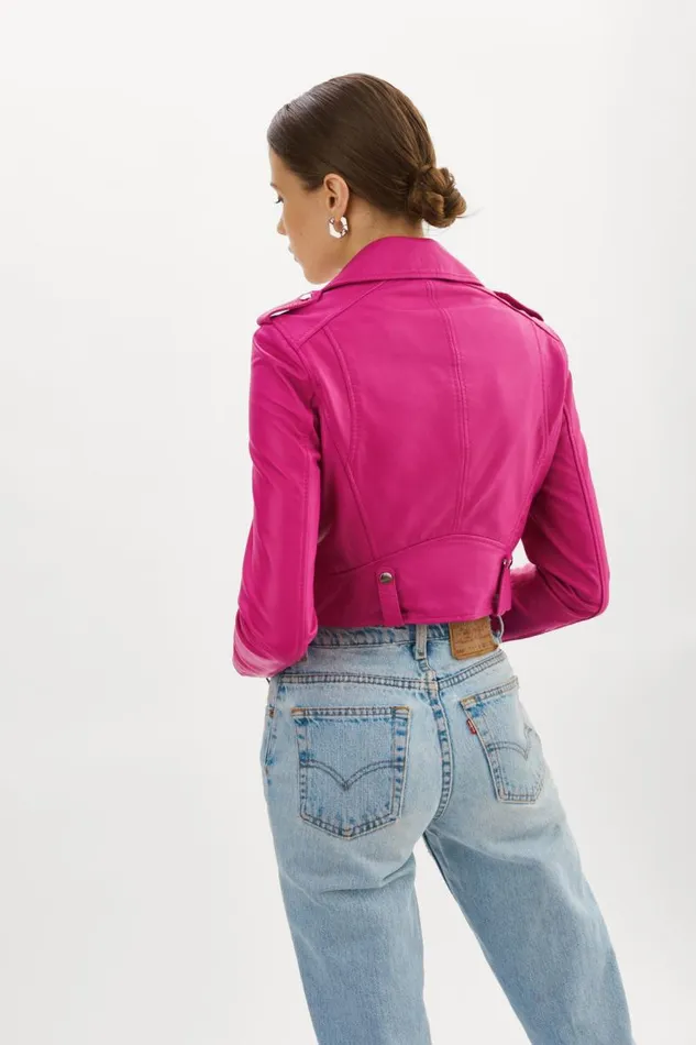 Women CIARA Cropped Leather Biker Jacket Fuchsia LAMARQUE Leather Jackets Women CIARA Cropped Leather Biker Jacket Fuchsia LAMARQUE Leather Jackets