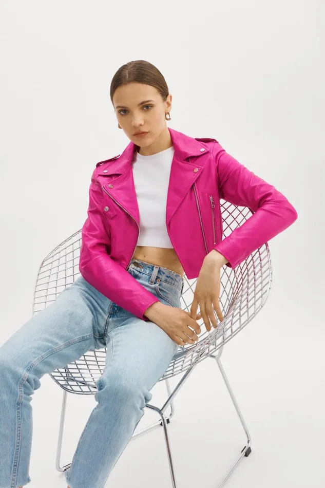 Women CIARA Cropped Leather Biker Jacket Fuchsia LAMARQUE Leather Jackets Women CIARA Cropped Leather Biker Jacket Fuchsia LAMARQUE Leather Jackets