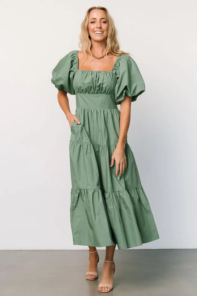 Women Cindy Puff Sleeve Tiered Dress Dusty Green Baltic Born Midi Dresses