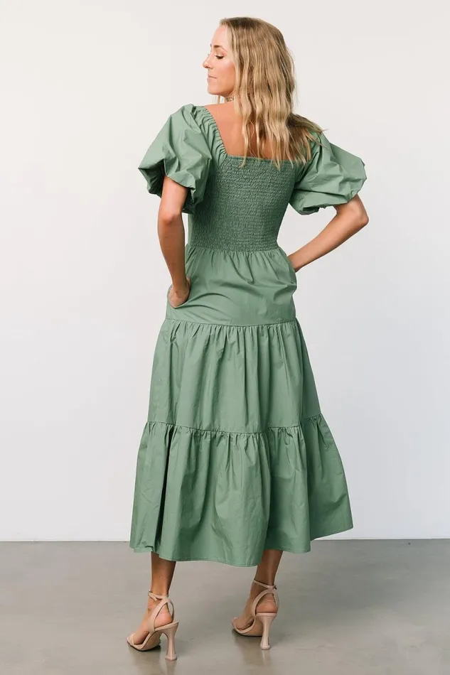 Women Cindy Puff Sleeve Tiered Dress Dusty Green Baltic Born Midi Dresses Women Cindy Puff Sleeve Tiered Dress Dusty Green Baltic Born Midi Dresses
