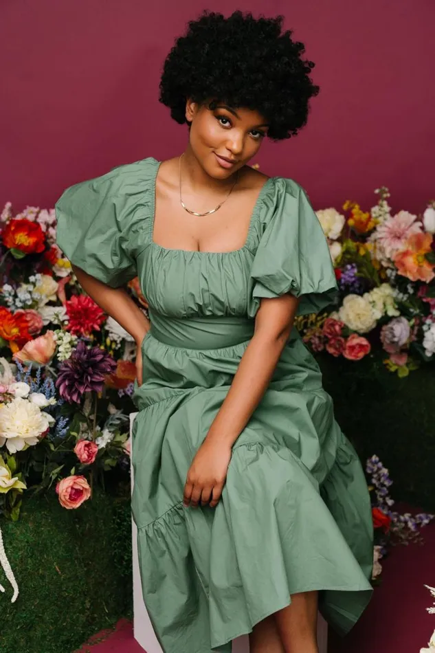 Women Cindy Puff Sleeve Tiered Dress Dusty Green Baltic Born Midi Dresses Women Cindy Puff Sleeve Tiered Dress Dusty Green Baltic Born Midi Dresses