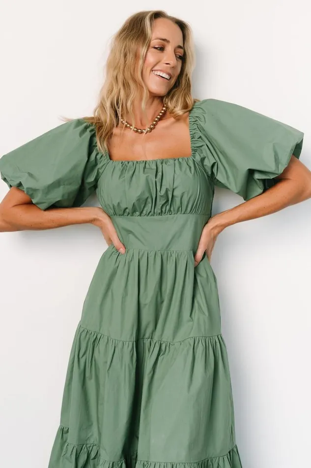 Women Cindy Puff Sleeve Tiered Dress Dusty Green Baltic Born Midi Dresses Women Cindy Puff Sleeve Tiered Dress Dusty Green Baltic Born Midi Dresses