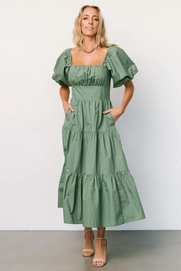 Women Cindy Puff Sleeve Tiered Dress Dusty Green Baltic Born Midi Dresses Women Cindy Puff Sleeve Tiered Dress Dusty Green Baltic Born Midi Dresses