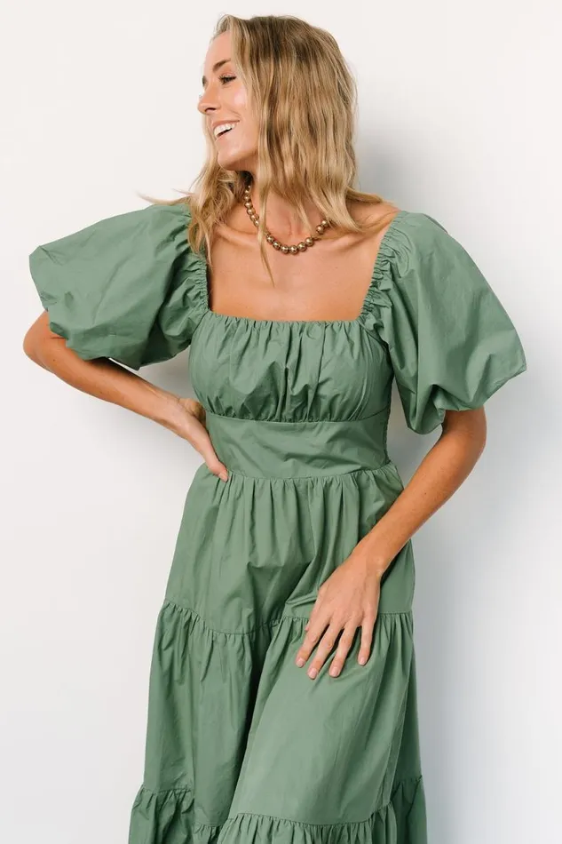 Women Cindy Puff Sleeve Tiered Dress Dusty Green Baltic Born Midi Dresses Women Cindy Puff Sleeve Tiered Dress Dusty Green Baltic Born Midi Dresses