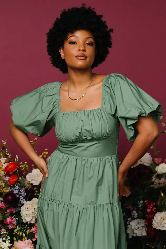 Women Cindy Puff Sleeve Tiered Dress Dusty Green Baltic Born Midi Dresses Women Cindy Puff Sleeve Tiered Dress Dusty Green Baltic Born Midi Dresses