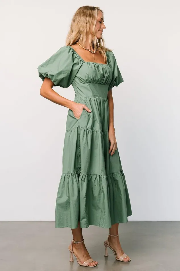 Women Cindy Puff Sleeve Tiered Dress Dusty Green Baltic Born Midi Dresses Women Cindy Puff Sleeve Tiered Dress Dusty Green Baltic Born Midi Dresses