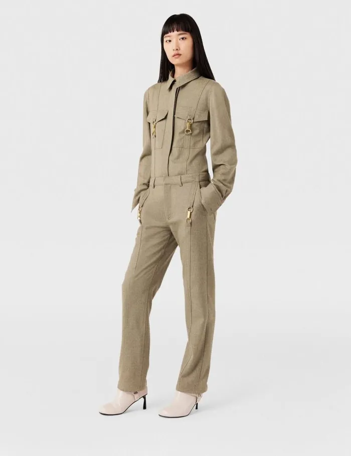 Women ClaspEmbellished MidRise Wool Pants Light Moss Beige Stella McCartney Pants And Shorts Women ClaspEmbellished MidRise Wool Pants Light Moss Beige Stella McCartney Pants And Shorts