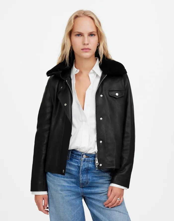 Women Coats Jackets Madewell SherpaCollar Asymmetric ZipFront Jacket In Leather True Black Women Coats Jackets Madewell SherpaCollar Asymmetric ZipFront Jacket In Leather True Black