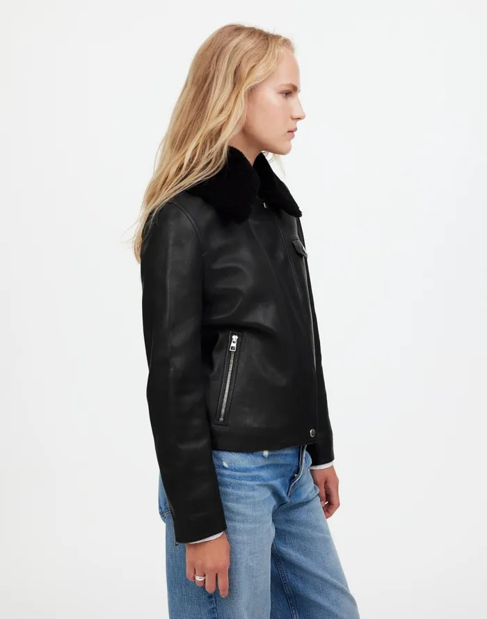 Women Coats Jackets Madewell SherpaCollar Asymmetric ZipFront Jacket In Leather True Black