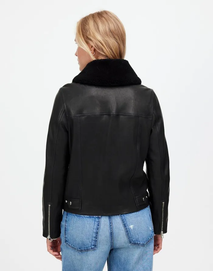 Women Coats Jackets Madewell SherpaCollar Asymmetric ZipFront Jacket In Leather True Black