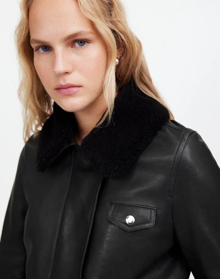 Women Coats Jackets Madewell SherpaCollar Asymmetric ZipFront Jacket In Leather True Black