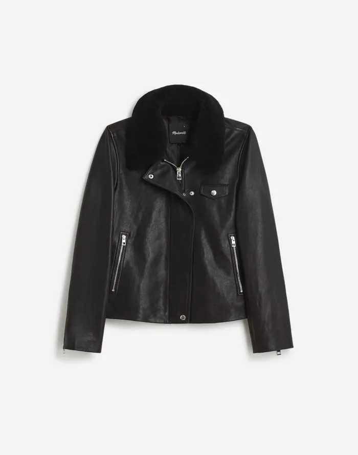 Women Coats Jackets Madewell SherpaCollar Asymmetric ZipFront Jacket In Leather True Black