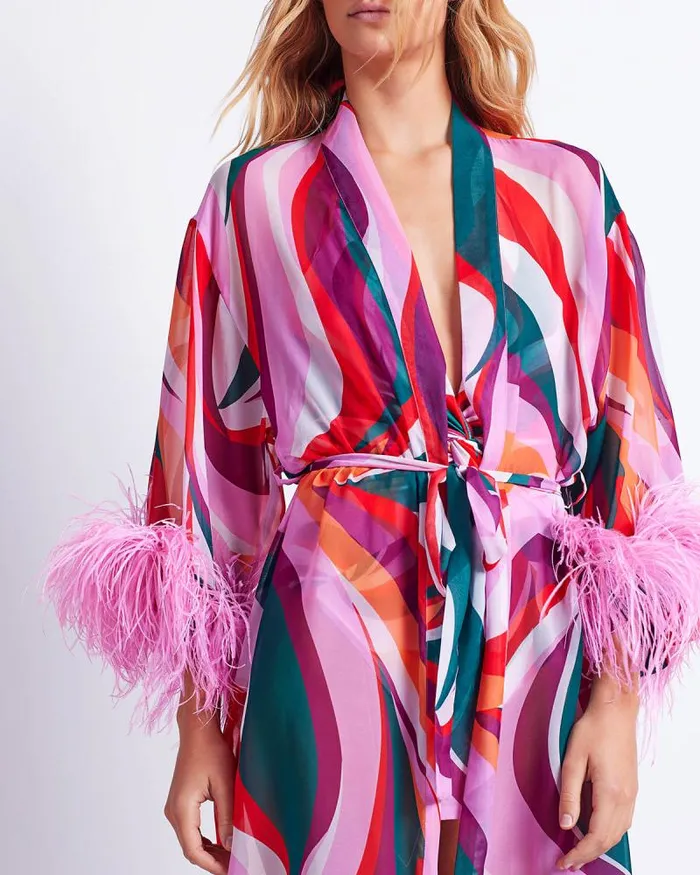 Women CoverUps PatBO DELOS FEATHER TRIM KIMONO FINAL SALE Red Multi