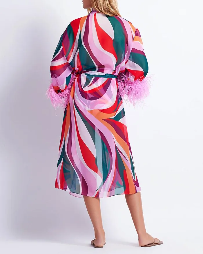 Women CoverUps PatBO DELOS FEATHER TRIM KIMONO FINAL SALE Red Multi