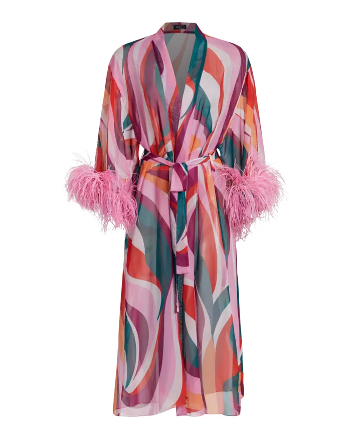 Women CoverUps PatBO DELOS FEATHER TRIM KIMONO FINAL SALE Red Multi