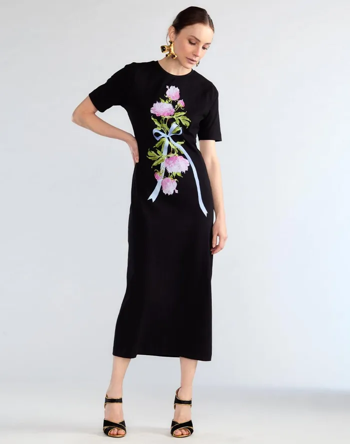 Women Cynthia Rowley Dresses Bouquet Ribbon Tee Dress Blkfl