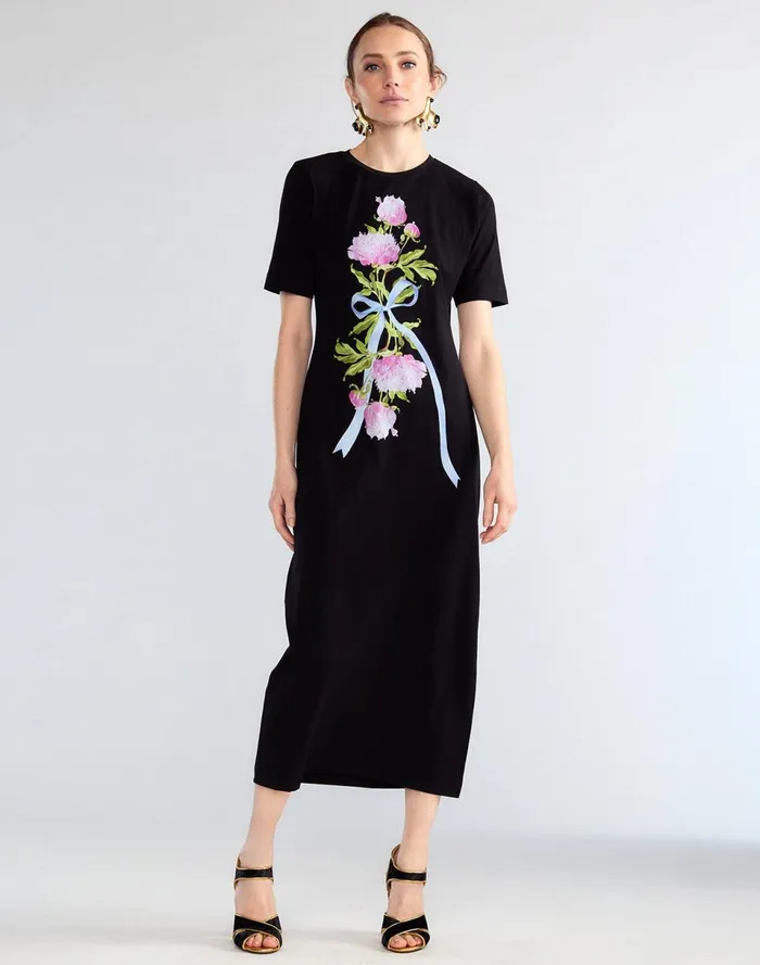 Women Cynthia Rowley Dresses Bouquet Ribbon Tee Dress Blkfl