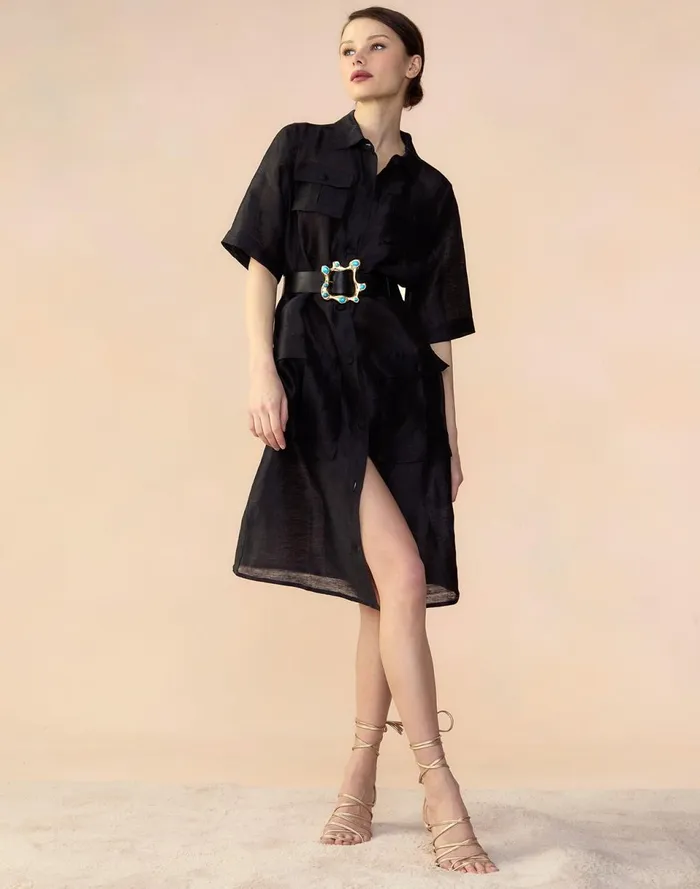 Women Cynthia Rowley Dresses Lisbon Silk Linen Shirt Dress Black