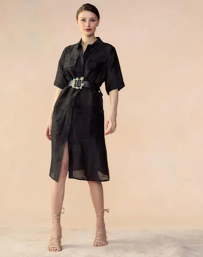 Women Cynthia Rowley Dresses Lisbon Silk Linen Shirt Dress Black Women Cynthia Rowley Dresses Lisbon Silk Linen Shirt Dress Black