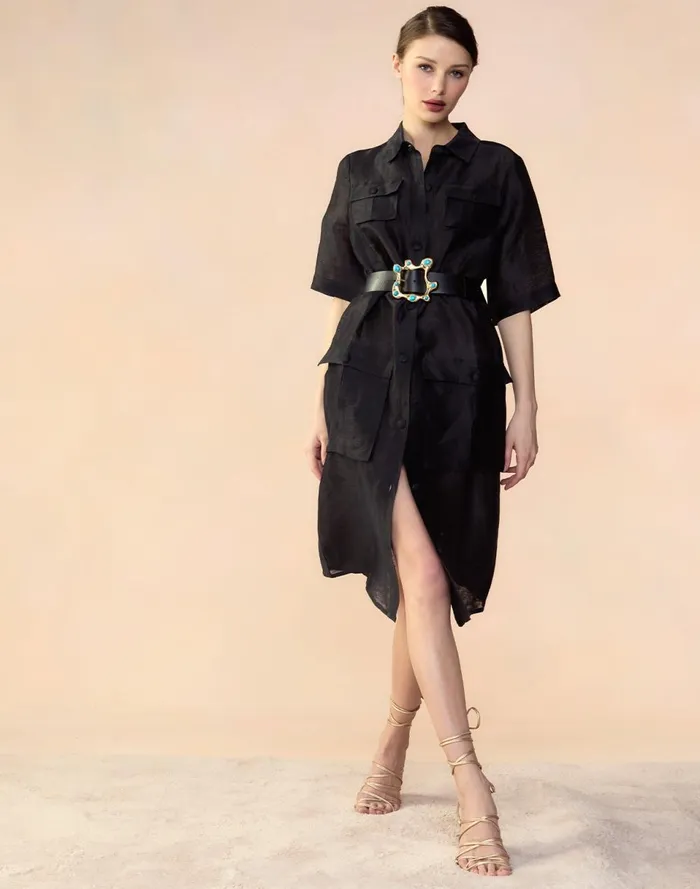 Women Cynthia Rowley Dresses Lisbon Silk Linen Shirt Dress Black Women Cynthia Rowley Dresses Lisbon Silk Linen Shirt Dress Black