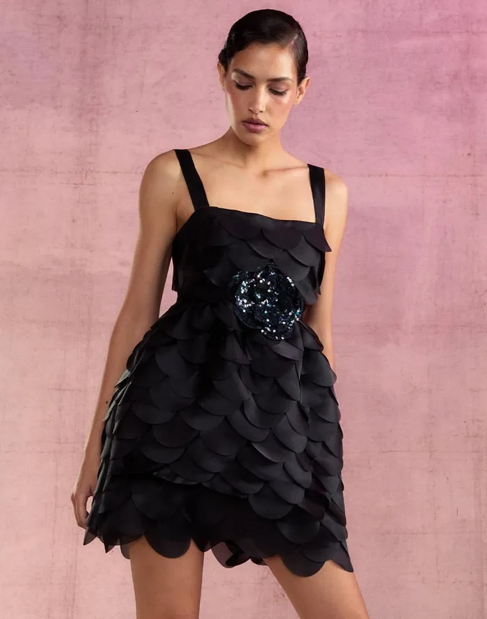 Women Cynthia Rowley Dresses Scalloped Petal Mini Dress Black Women Cynthia Rowley Dresses Scalloped Petal Mini Dress Black