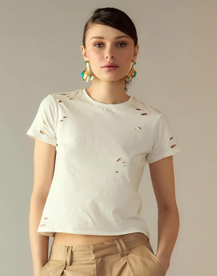 Women Cynthia Rowley Tops Distressed Tee White