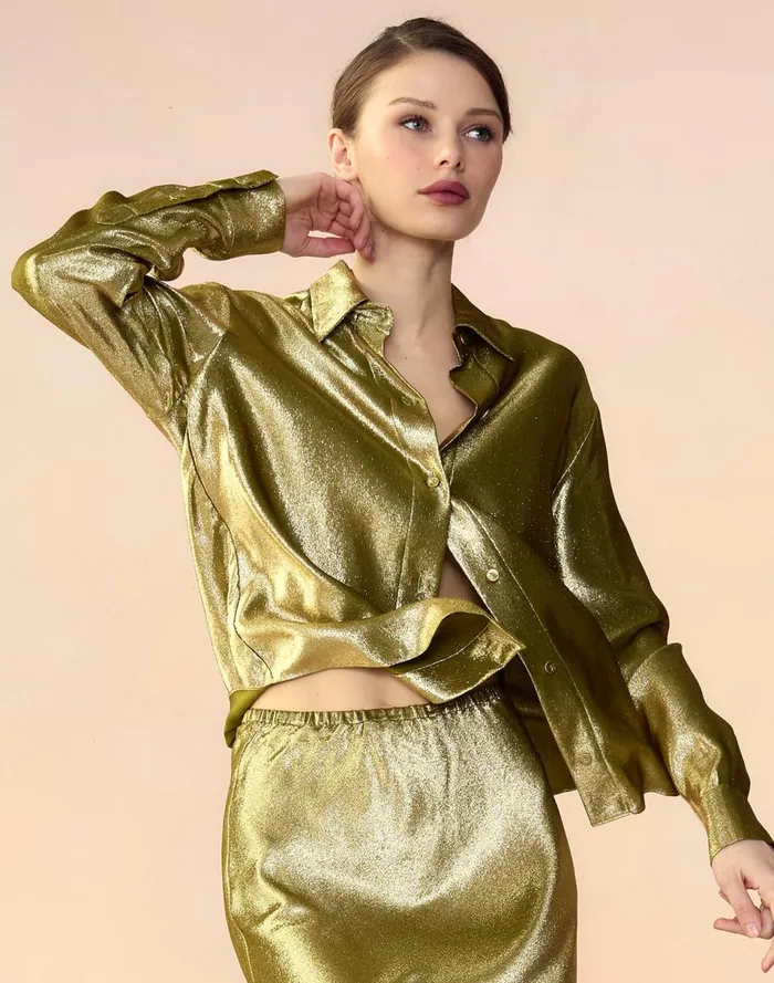Women Cynthia Rowley Tops Liquid Gold Lam Shirt Green