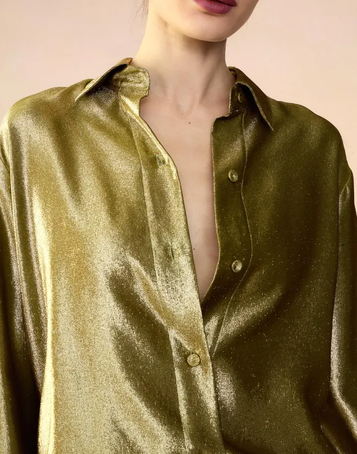 Women Cynthia Rowley Tops Liquid Gold Lam Shirt Green Women Cynthia Rowley Tops Liquid Gold Lam Shirt Green