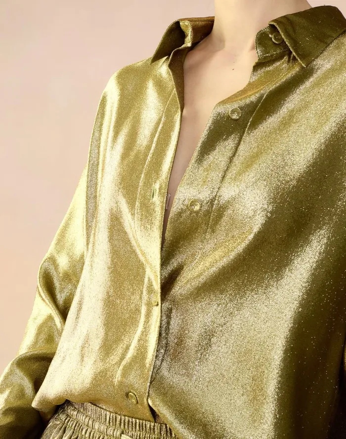 Women Cynthia Rowley Tops Liquid Gold Lam Shirt Green Women Cynthia Rowley Tops Liquid Gold Lam Shirt Green