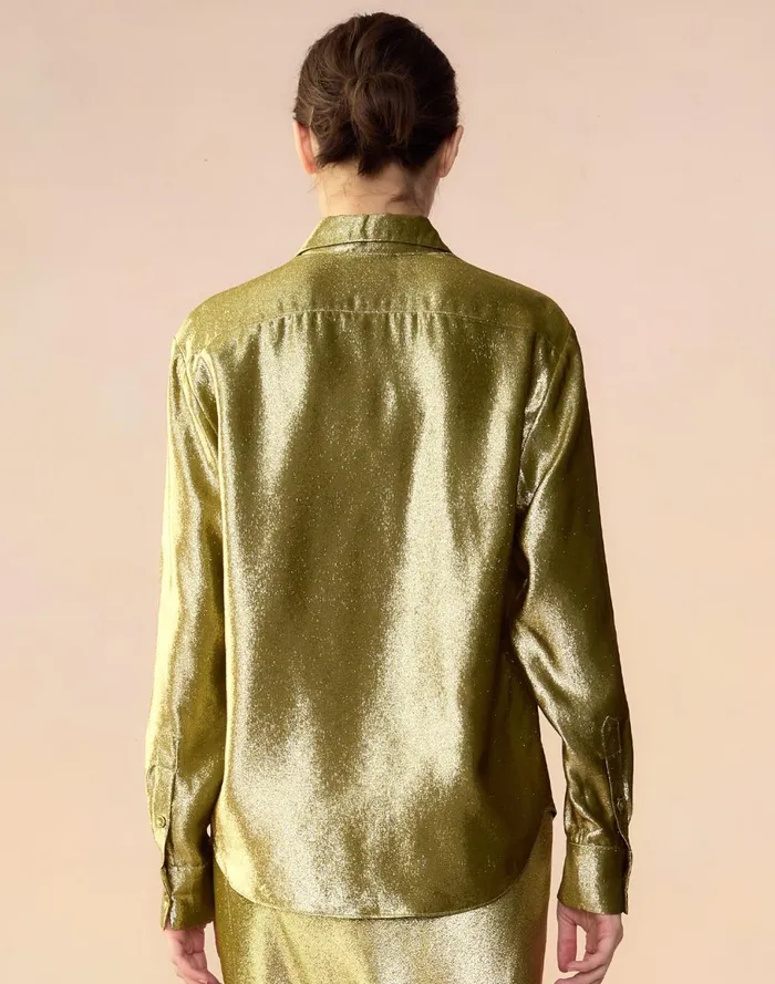 Women Cynthia Rowley Tops Liquid Gold Lam Shirt Green Women Cynthia Rowley Tops Liquid Gold Lam Shirt Green