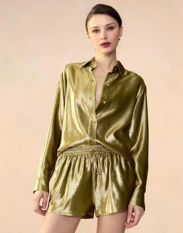 Women Cynthia Rowley Tops Liquid Gold Lam Shirt Green Women Cynthia Rowley Tops Liquid Gold Lam Shirt Green