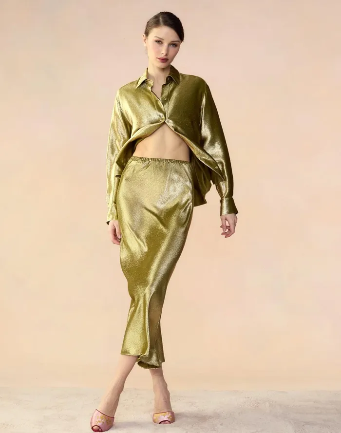 Women Cynthia Rowley Tops Liquid Gold Lam Shirt Green Women Cynthia Rowley Tops Liquid Gold Lam Shirt Green