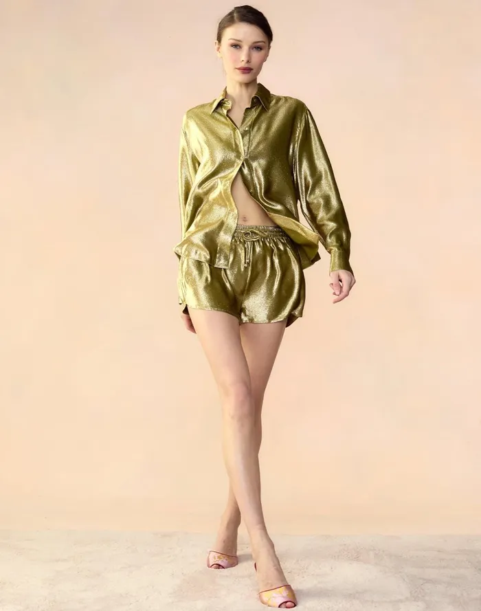 Women Cynthia Rowley Tops Liquid Gold Lam Shirt Green Women Cynthia Rowley Tops Liquid Gold Lam Shirt Green
